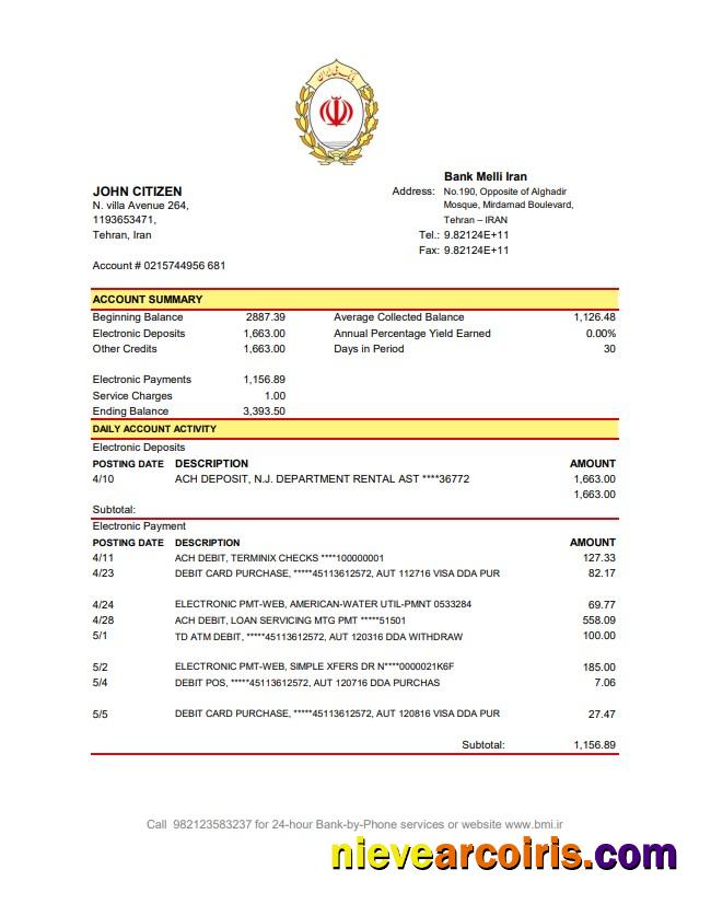 Iran Melli Bank statement in .xls and .pdf file format